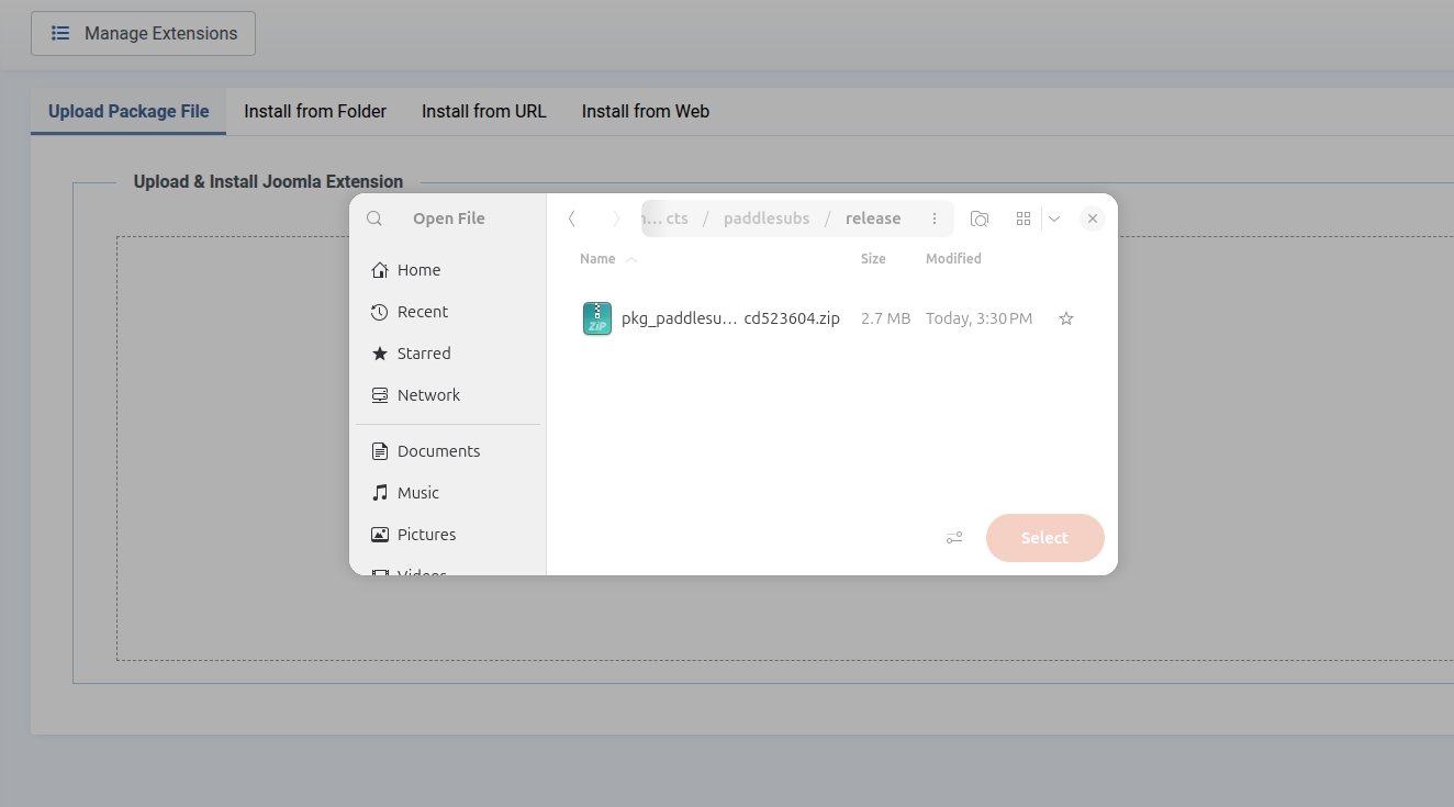 Joomla's Extensions: Install page with the Upload Package File tab open.