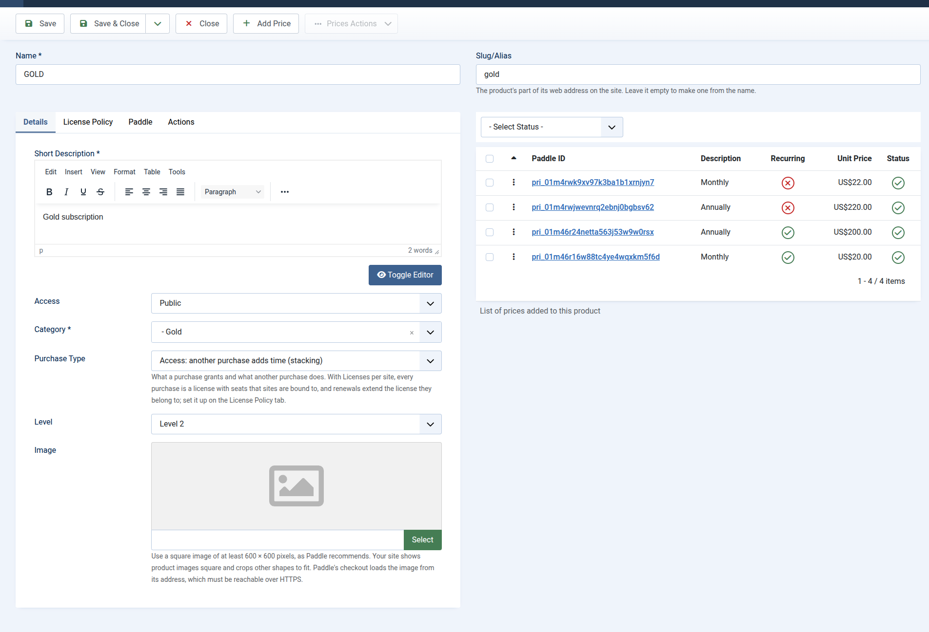 The product editor with the Details, Paddle and Actions tabs on the left and the list of the product's prices on the right.