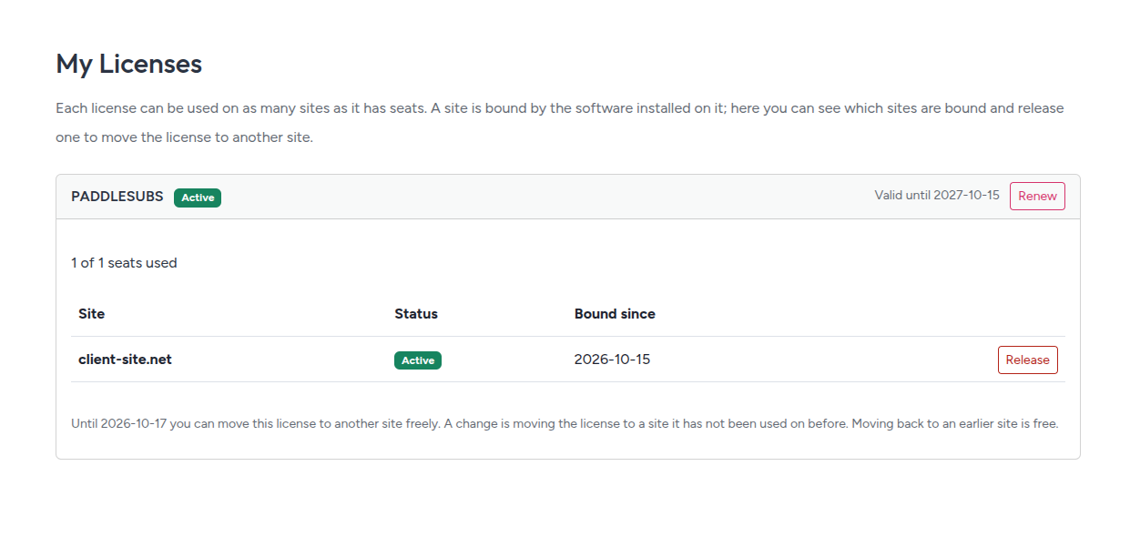 The My Licenses page showing a license with its seats used, two bound sites with Release buttons, and the number of changes left.