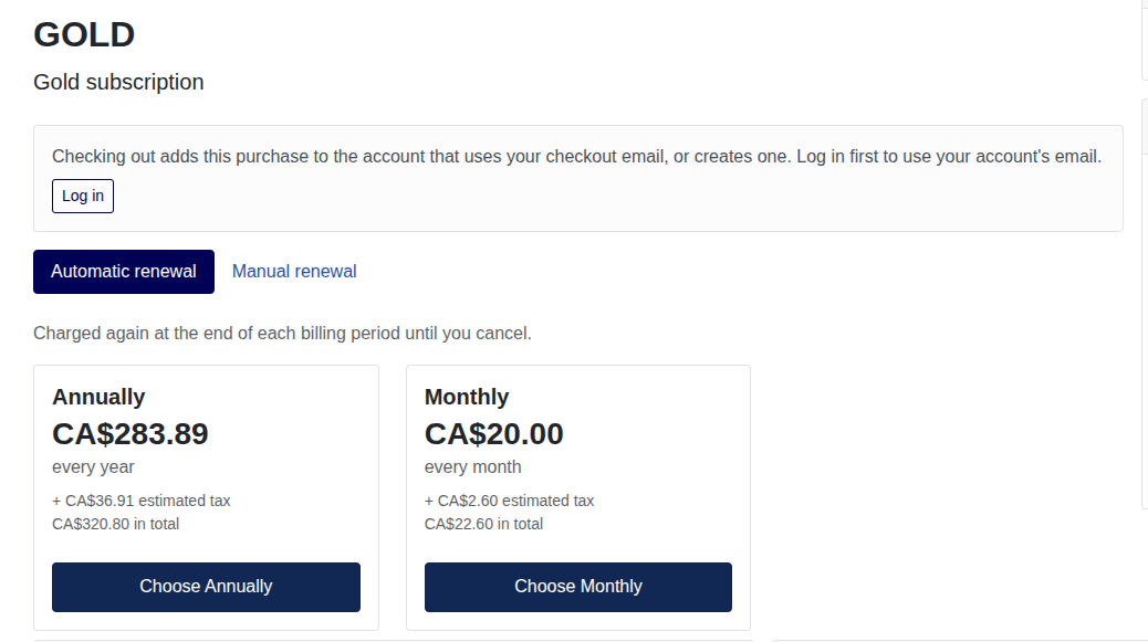 The Gold Membership product page with the Automatic renewal and Manual renewal tabs, each price in a card with its amount, its period and a Choose button.